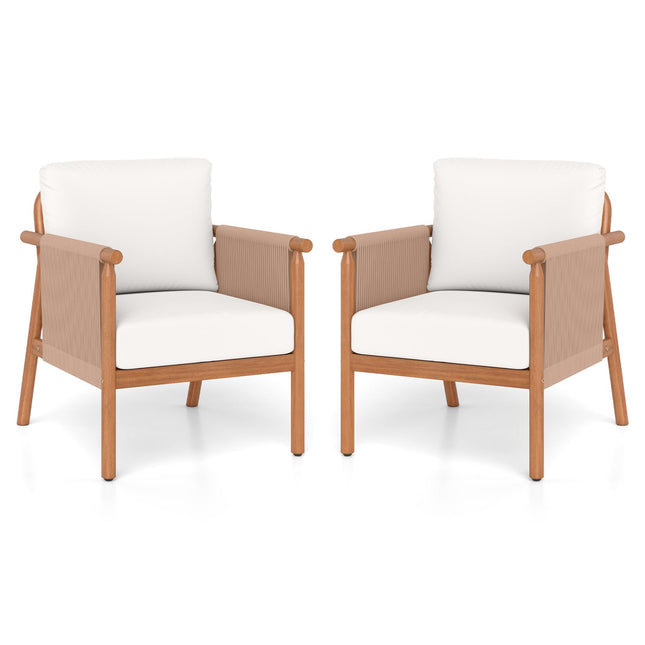 Patio Acacia Wood Chair Set of 2 with Woven Rope Armrests and Seat Back Cushions for Backyard