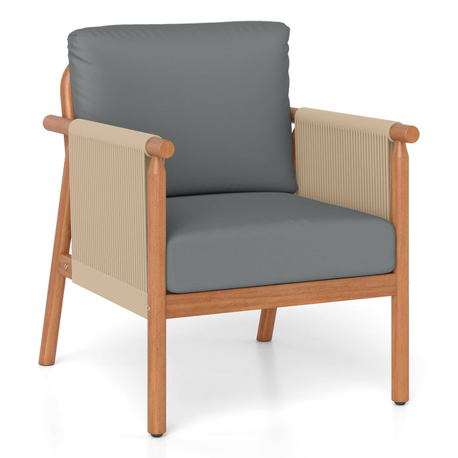 Patio Acacia Wood Chair with Woven Rope Armrests and Seat Back Cushions for Backyard