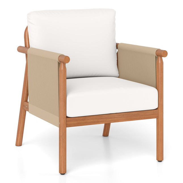 Patio Acacia Wood Chair with Woven Rope Armrests and Seat Back Cushions for Backyard
