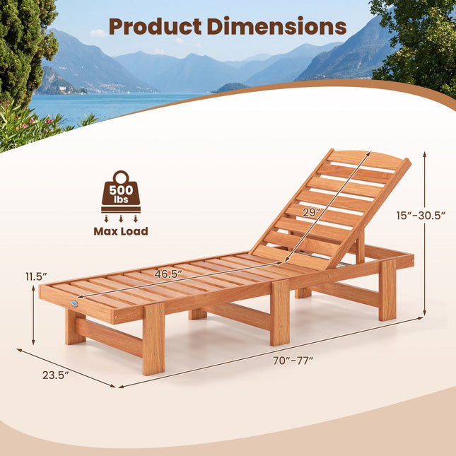 Patio Chaise Lounge Chair Solid Wood Slatted Recliner with Adjustable Backrest