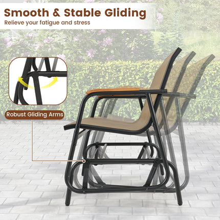 Patio Glider Bench with Curved Teak Armrests and Breathable Fabric Seat for 2 People-Brown