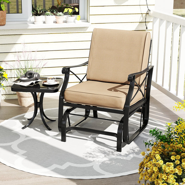 Patio Glider Rocking Chair with Metal Frame and Thick Cushions-Brown