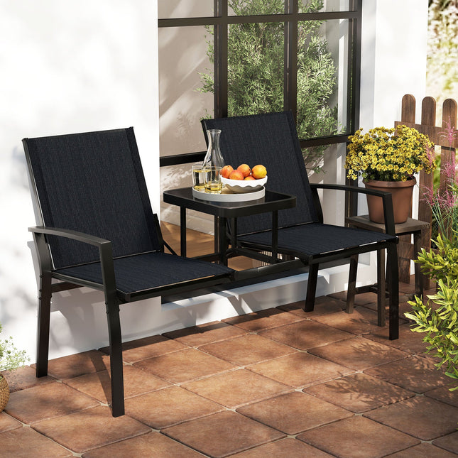 Patio Loveseat with Built-in Table with Breathable Fabric Back-Black