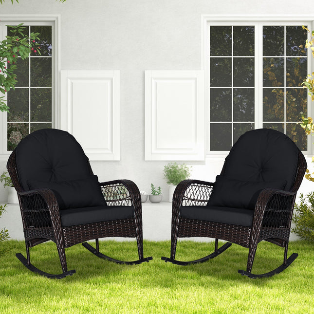 Patio Rattan Rocking Chair with Seat Back Cushions and Waist Pillow