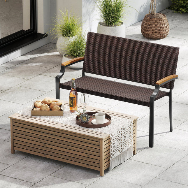 Patio Wicker Loveseat Chair with Acacia Wood Armrests and Metal Frame