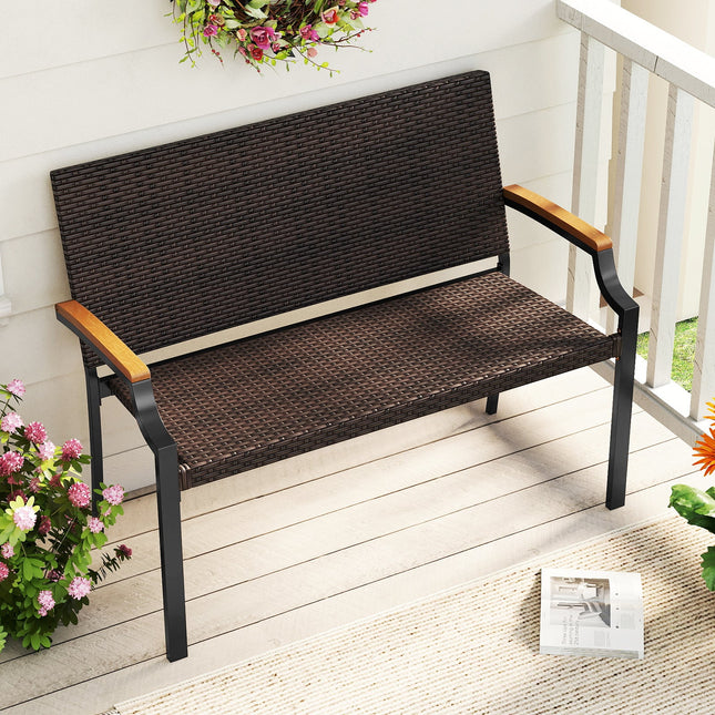 Patio Wicker Loveseat Chair with Acacia Wood Armrests and Metal Frame