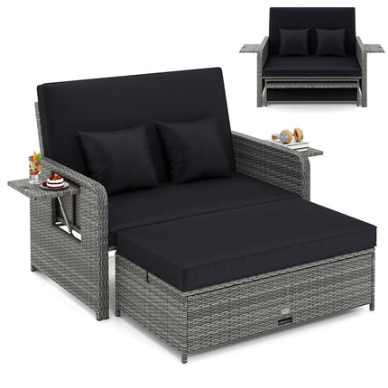 Patio Wicker Loveseat Sofa with Multipurpose Ottoman and Retractable Side Tray