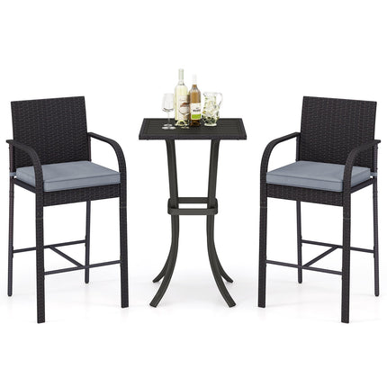 3-Piece Patio Wicker Rattan Bar Height Chairs and Square Table Set-Black