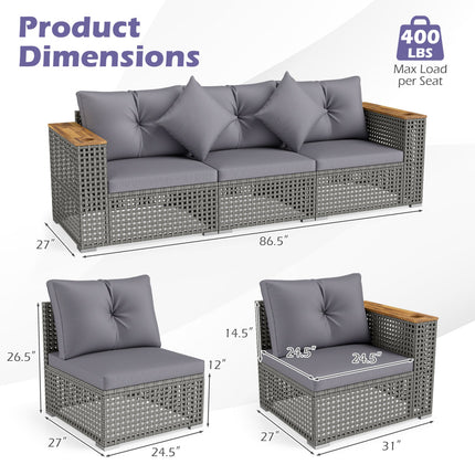 Patio Wicker Sectional Furniture Set with 1 Armless and 2 Corner Sofas for Garden