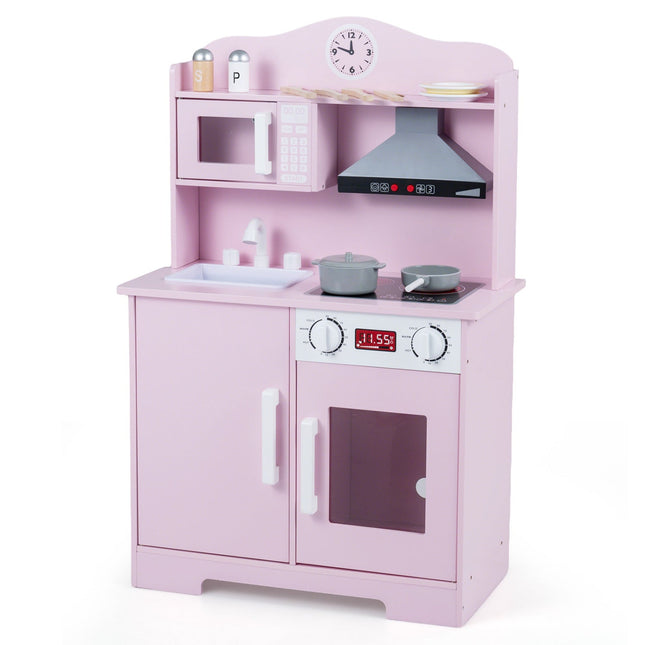 Wooden Play Kitchen Set with Range Hood and Microwave
