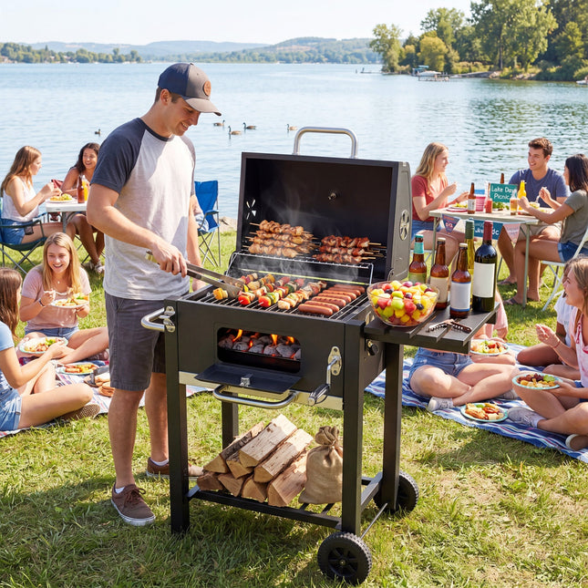 Charcoal Grill with Adjustable Tray and Wheels