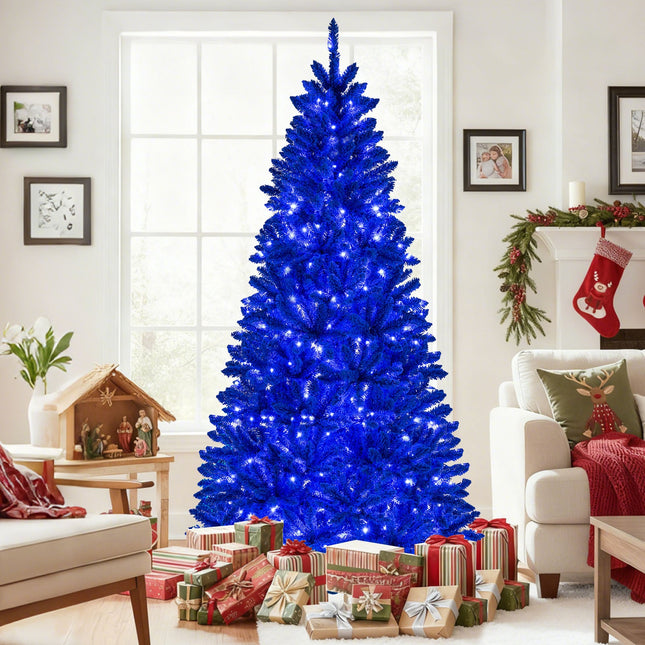 Pre-Lit Artificial Christmas Tree with 340 Blue LED Lights and 3 Modes-7 ft