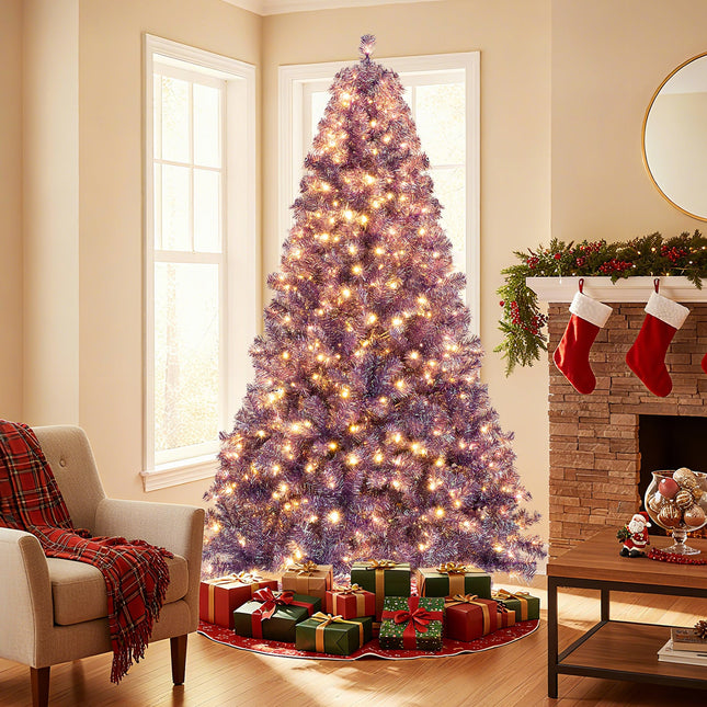 Pre-Lit Tinsel Christmas Tree Artificial Xmas Tree with Lush Branch Tips and Warm White LED Lights