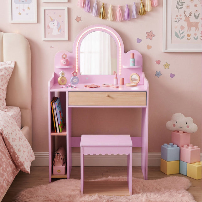 Kids Vanity Table Set with LED Mirror and Stool - Pink
