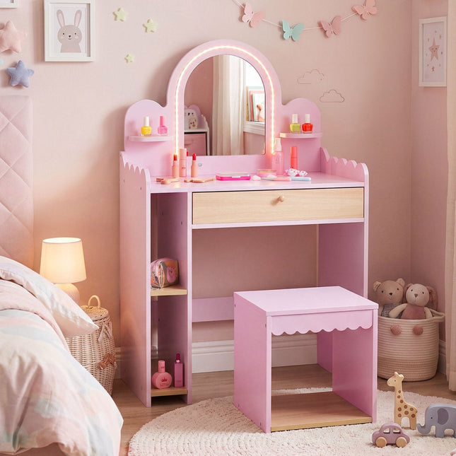 Kids Vanity Table Set with LED Mirror and Stool - Pink