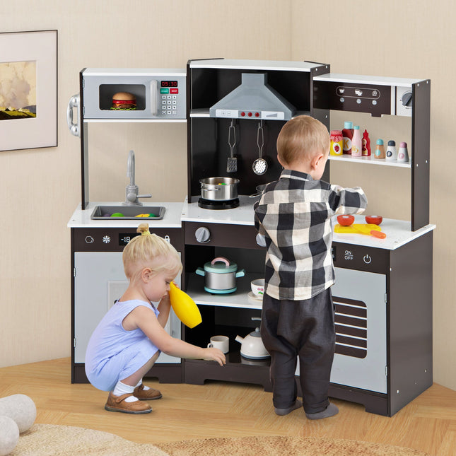 Pretend Play Kitchen Wooden Toy Set with Range Hood Real Sounds and Lights