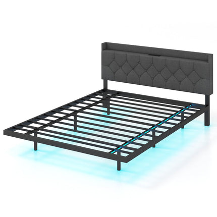 Full/Queen Size Floating Bed Frame with LED and Headboard and Charging Station