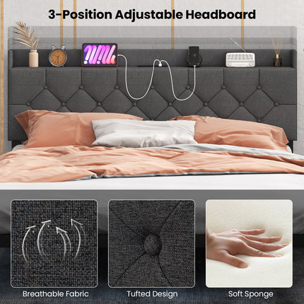 Full/Queen Size Floating Bed Frame with LED and Headboard and Charging Station
