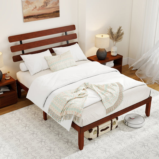 Full Size Bed Frame 15.5 Inch Solid Wood Platform Bed with Retro Headboard