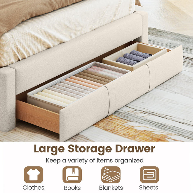 Queen Size Bed Frame with Storage Drawer and Vertical Channel Headboard