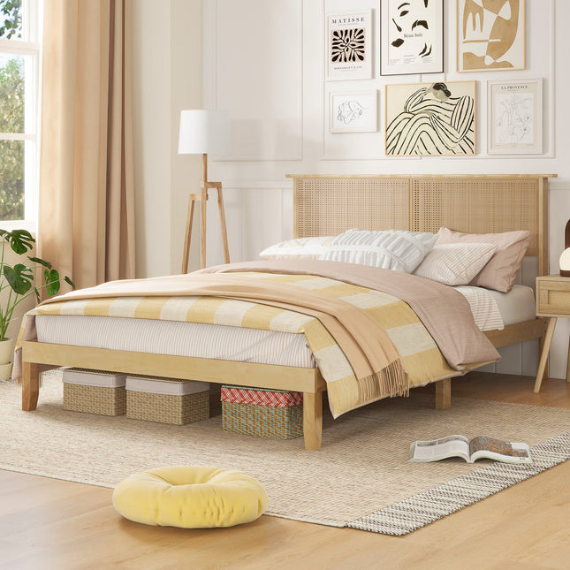 Twin/Full/Queen Size Bed Frame with Rattan Headboard