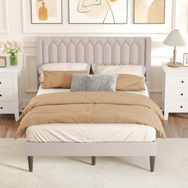 Queen Size Dutch Velvet/Linen Fabric Upholstered Platform Bed with Wingback Headboard and Wooden Slat Support
