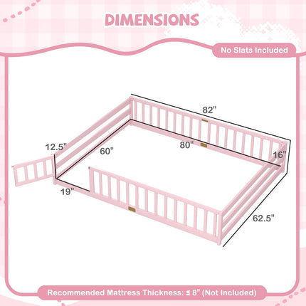 Queen Size Floor Bed Kids Montessori Bed Frame with Full Length Safety Guardrails