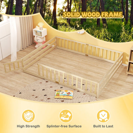 Queen Size Floor Bed Kids Montessori Bed Frame with Full Length Safety Guardrails