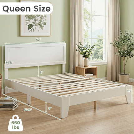 Queen Size Platform Bed Frame with Headboard - White