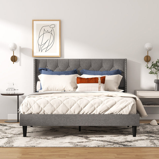Full/Queen Size Upholstered Platform Bed with Button Tufted Headboard
