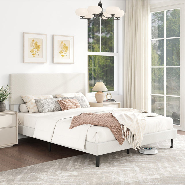 Twin/Full/Queen Size Velvet Bed Frame Upholstered Platform Bed with Chevron Headboard Beige