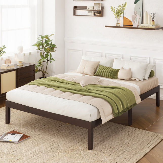 Queen Size Wood Bed Frame with Wooden Slats Support and Rubber Wood Legs