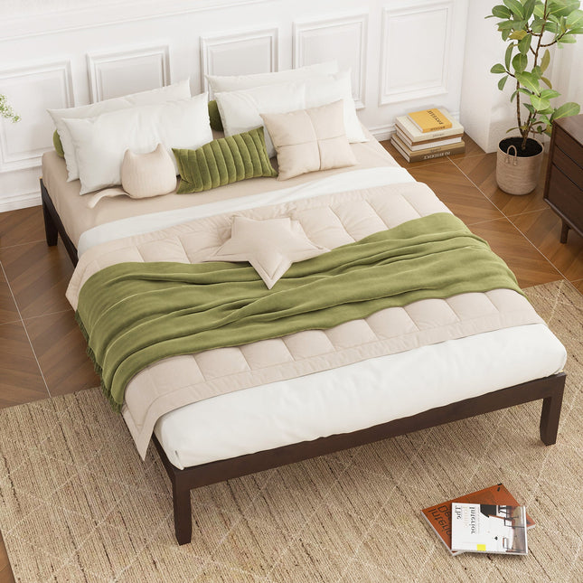 Queen Size Wood Bed Frame with Wooden Slats Support and Rubber Wood Legs