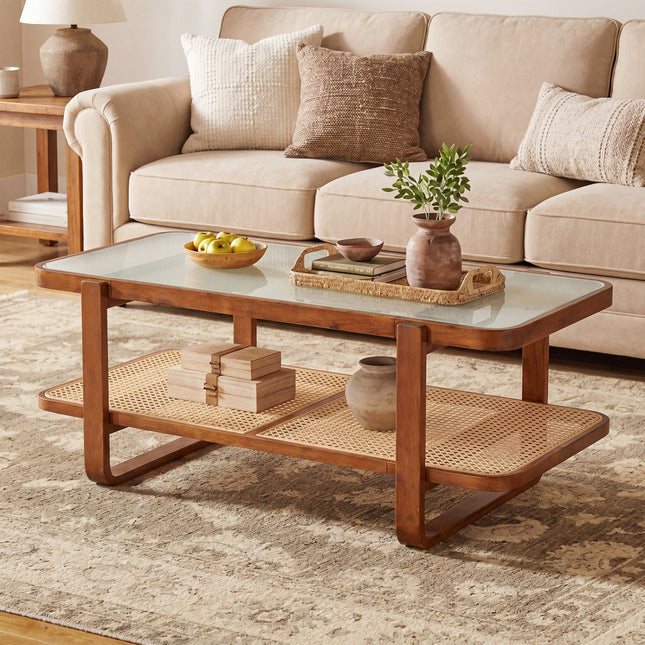 Rattan Coffee Table with Tempered Glass Top and Storage Shelf