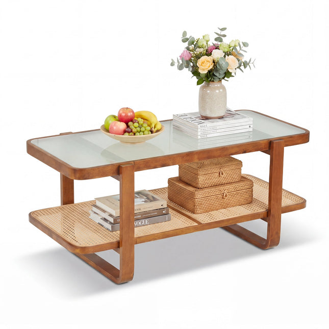 Rattan Coffee Table with Tempered Glass Top and Storage Shelf