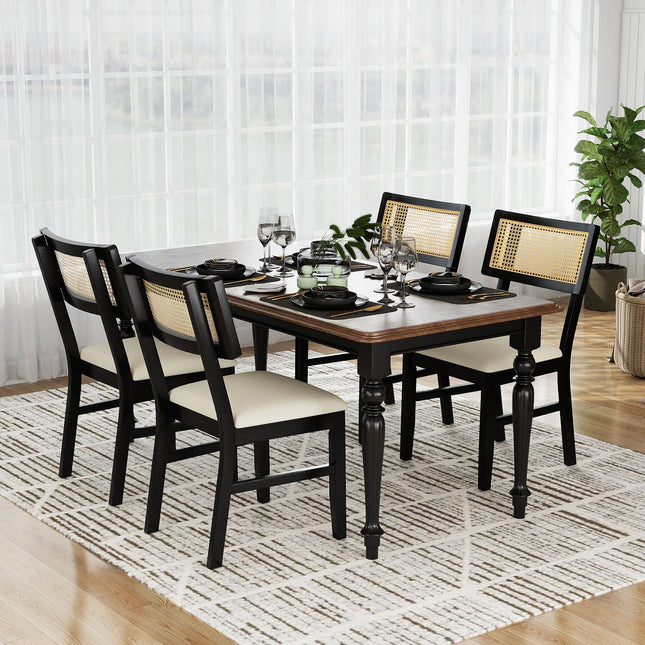 Rattan Dining Chairs Set of 2 Fabric Upholstered Kitchen Chairs with Padded Seat and Rubber Wood Legs-Black