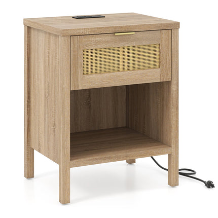 Rattan Nightstand with Charging Station and Storage Shelf for Bedroom