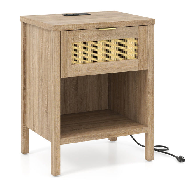 Rattan Nightstand with Charging Station and Storage Shelf for Bedroom