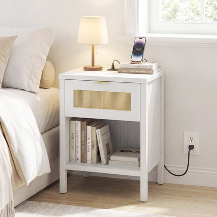 Rattan Nightstand with Charging Station and Storage Shelf for Bedroom