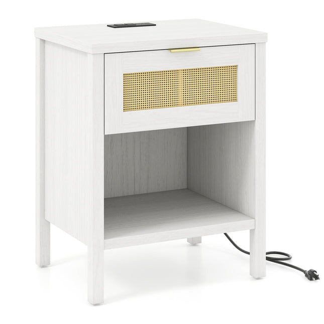 Rattan Nightstand with Charging Station and Storage Shelf for Bedroom