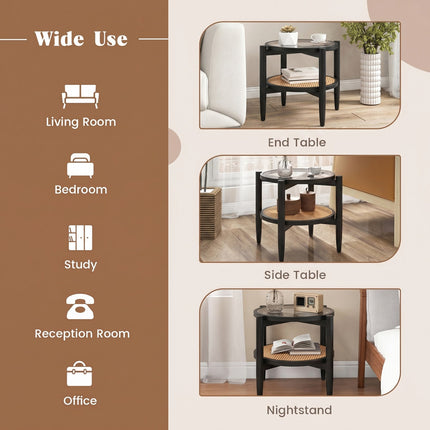 Round Rattan Side Table with Tempered Glass Top