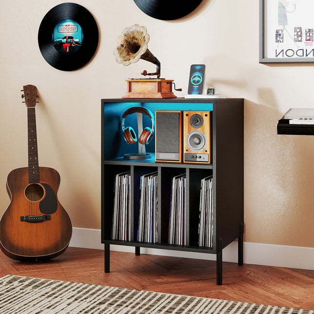 Record Player Stand with LED Light and Charging Station