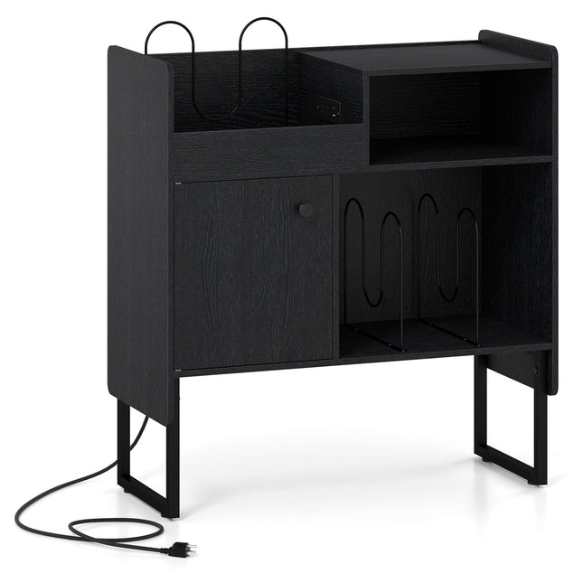 Record Player Stand with Power Outlets and Vinyl Storage Holder up to 250 Albums