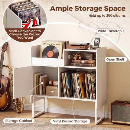 Record Player Stand with Power Outlets and Vinyl Storage Holder up to 250 Albums