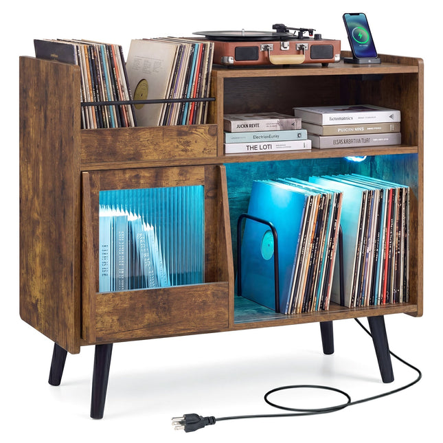 Record Player Stand with LED Light and Power Outlets
