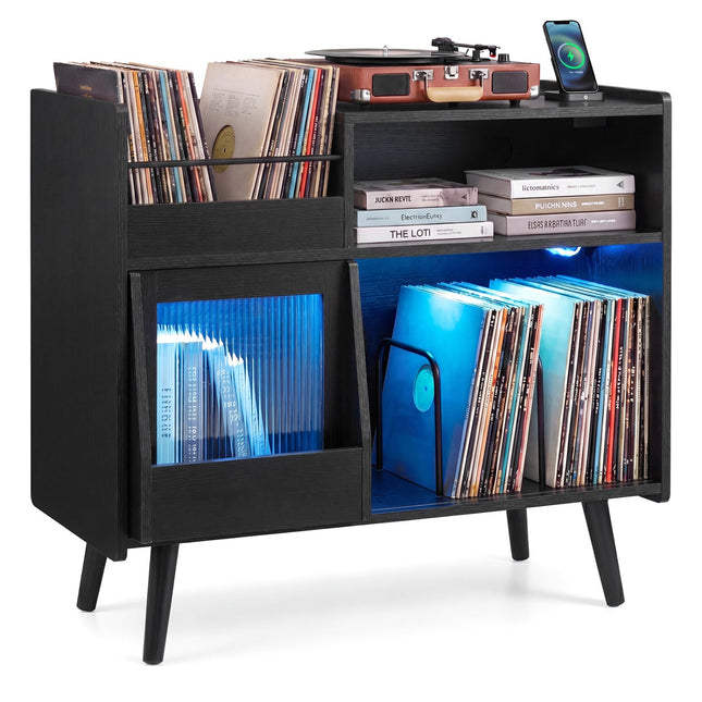 Record Player Stand with LED Light and Power Outlets