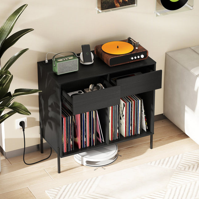 Record Player Stand with Power Outlets Double Wide Turntable Stand Vinyl Record Storage Table
