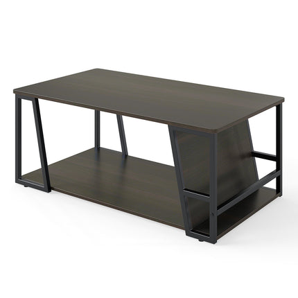 Rectangle Coffee Table 2-tier Industrial Accent Table with Storage Shelf and Compartment