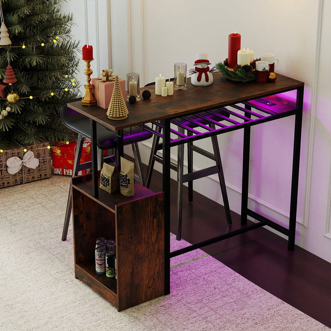 Rectangular Bar Table with Charging Station and LED Light-Rustic Brown