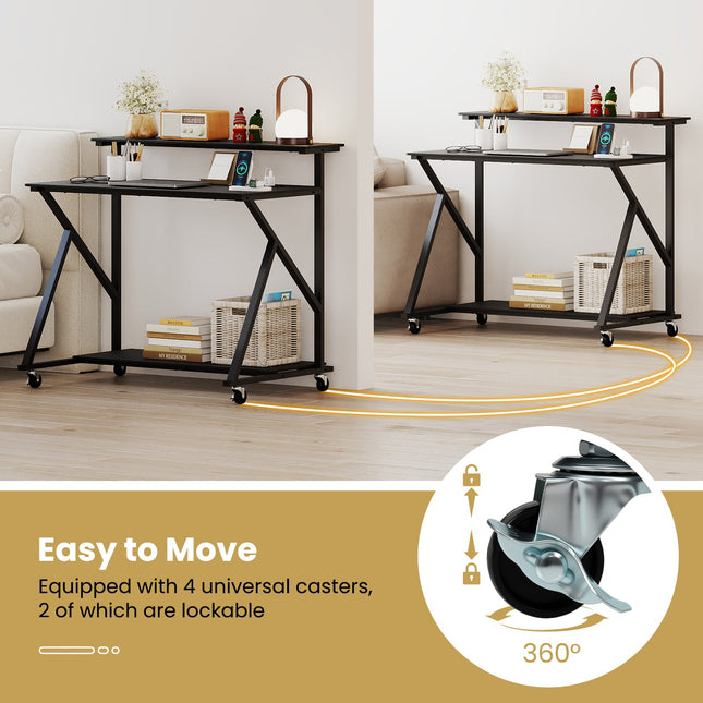 Rolling Computer Desk with Charging Station and Monitor Shelf Storage for Home Office